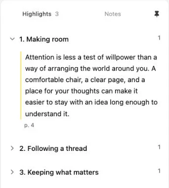 Highlights panel listing a passage from page 4 under “1. Making room”, with one highlight each under chapters 2 and 3.