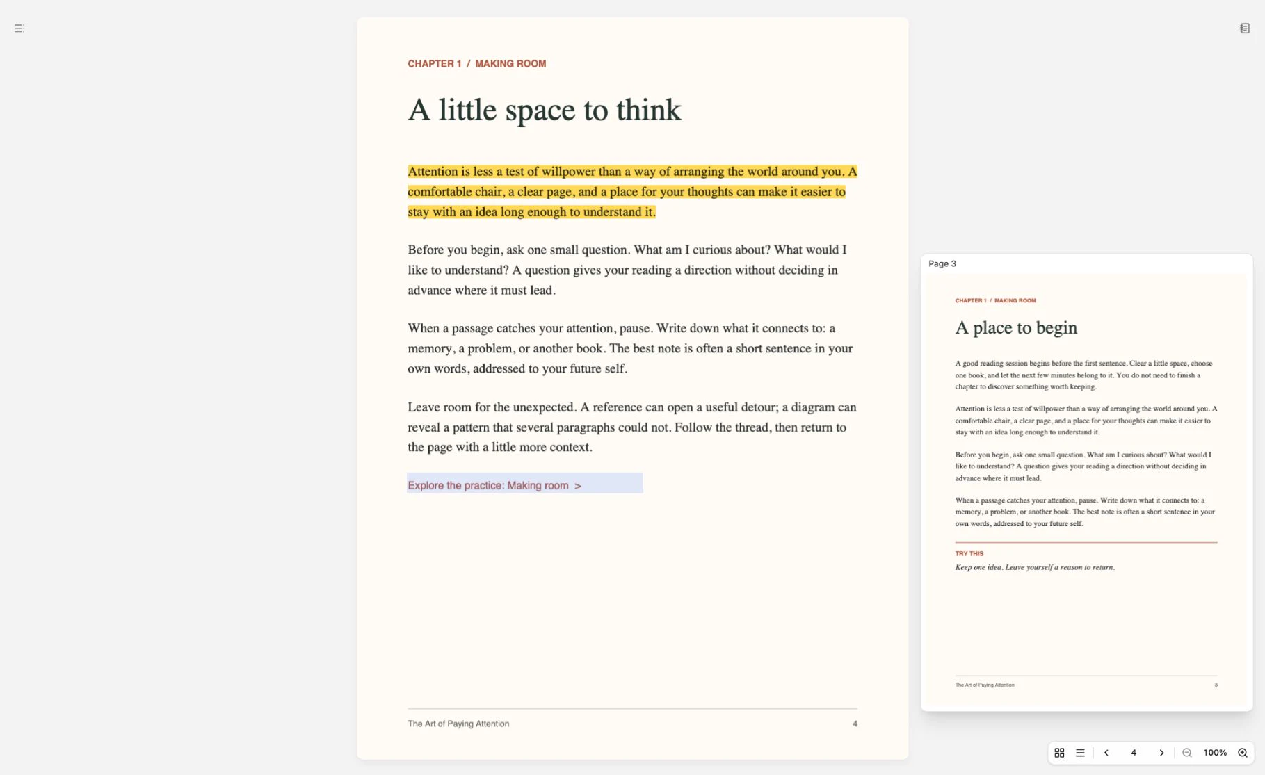Page 4 with its link “Explore the practice: Making room” selected, and page 3, “A place to begin”, open in a preview beside it.