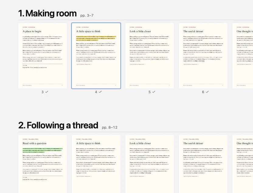 Book map of “The Art of Paying Attention”: chapter 1, Making room, pages 3 to 7, and chapter 2, Following a thread, pages 8 to 12. Read pages are checked, highlighted passages show in yellow and green, and page 4 is selected.
