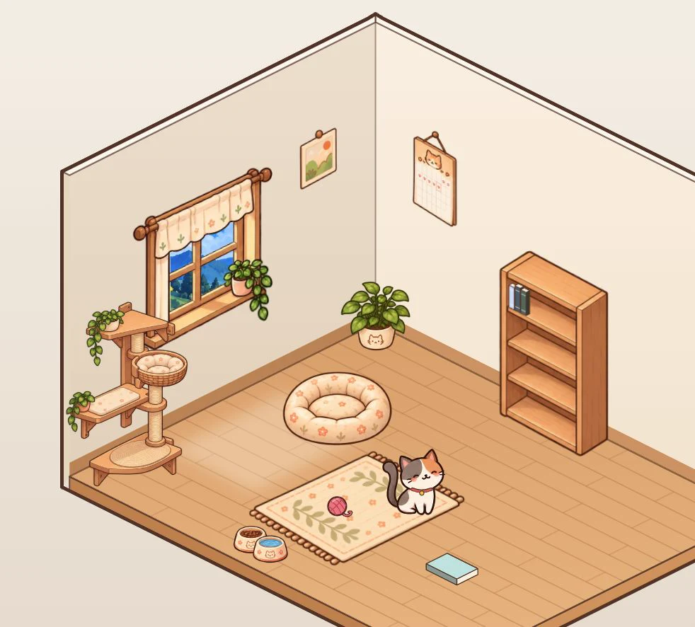 Mocha sitting on a leaf-patterned rug in a daylight room with a cat tree, a cushioned bed, plants, a bookshelf, and food bowls.