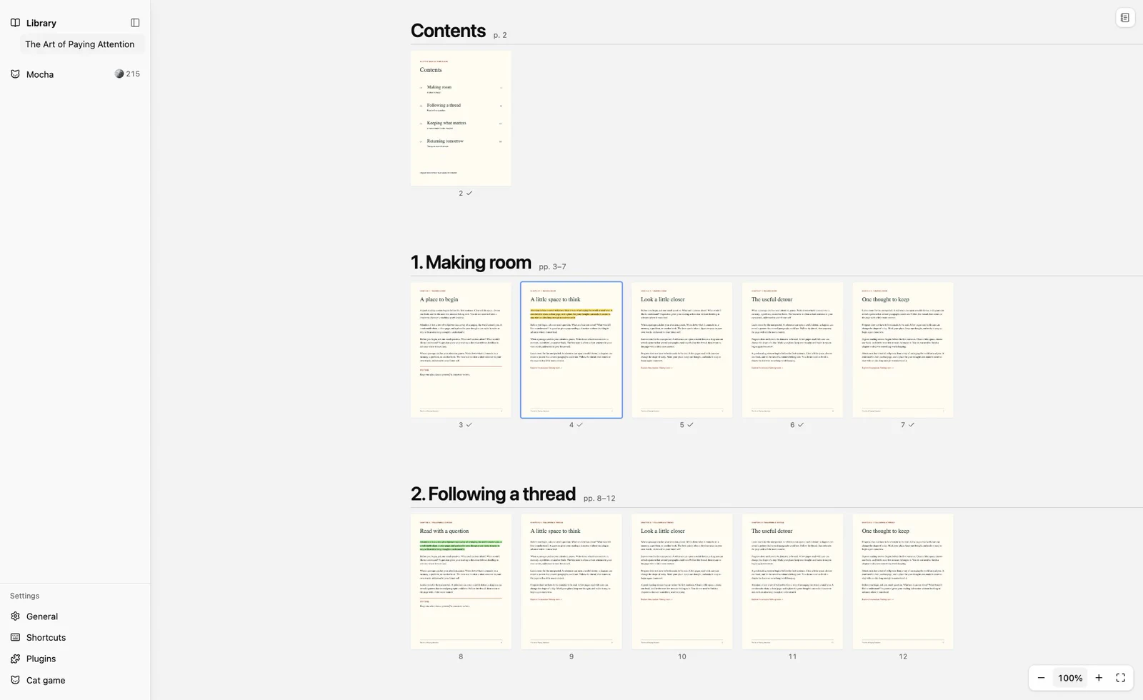 The book map for “The Art of Paying Attention”: the contents page, then chapter 1, Making room, pages 3 to 7, and chapter 2, Following a thread, pages 8 to 12. Read pages are checked and page 4 is selected.